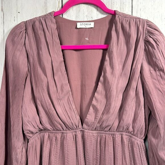 Storia Mauve Boho Tiered Mini Dress Long Sleeve Deep V Cottagecore Romantic - Picture 2 of 14